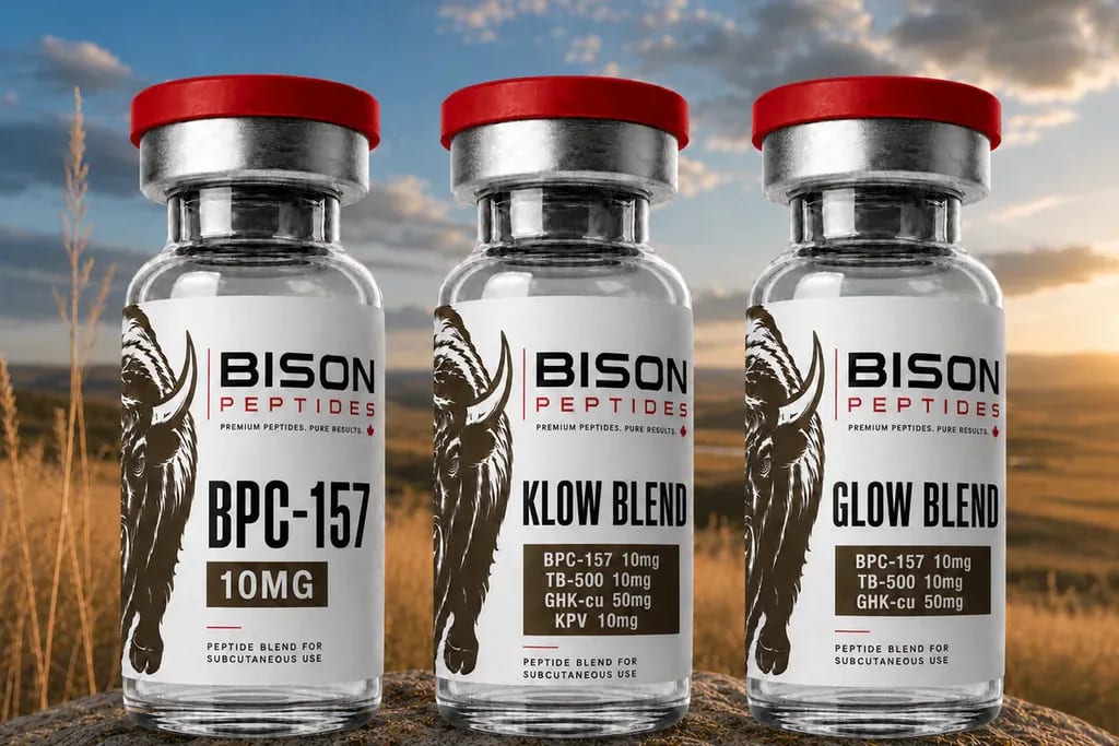 BPC-157, Klow Blend, and Glow Blend research vials in the healing peptides collection
