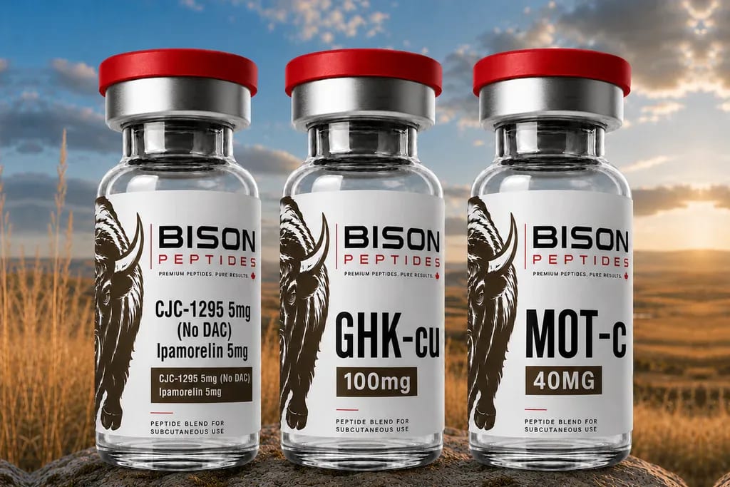CJC-1295, GHK-Cu, and MOTS-c research vials in the longevity peptides collection
