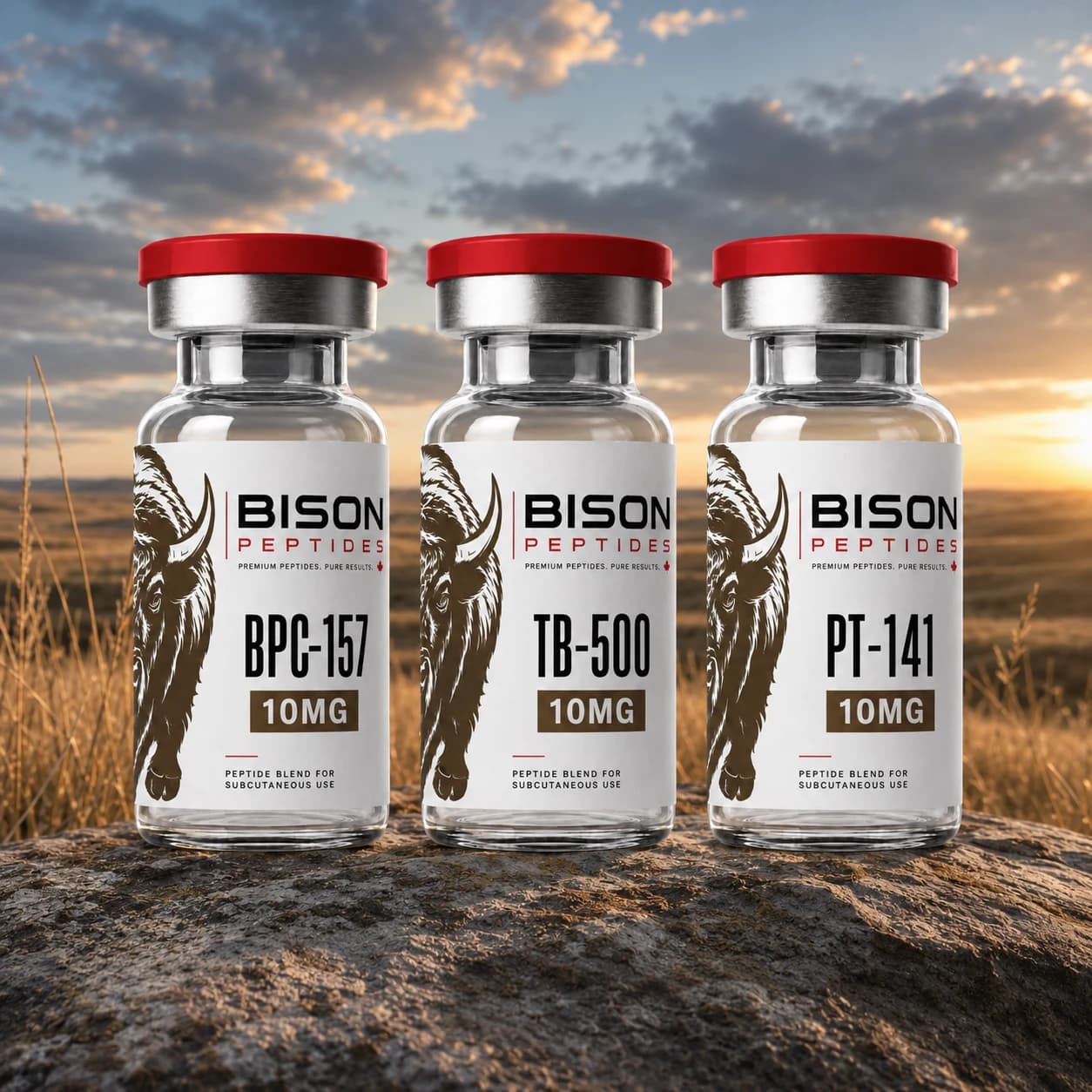 Bison Peptides research vials against a Canadian prairie landscape